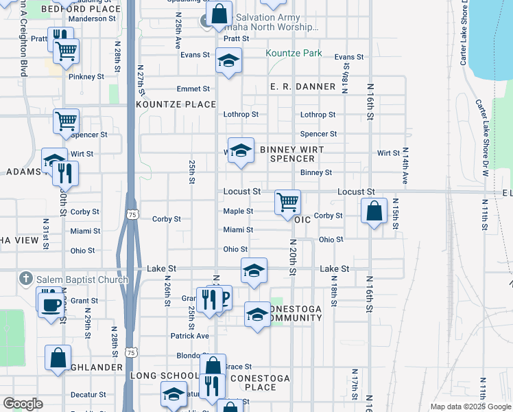 map of restaurants, bars, coffee shops, grocery stores, and more near 2120 Maple St in Omaha