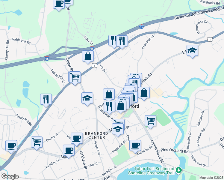 map of restaurants, bars, coffee shops, grocery stores, and more near 65 Hillside Avenue in Branford