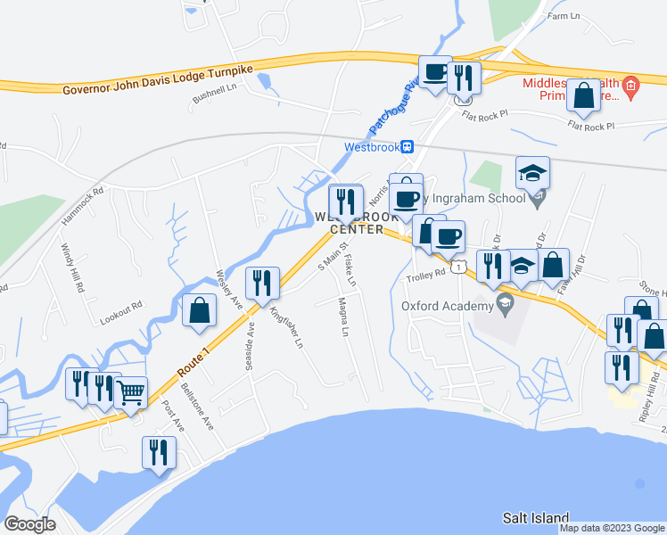 map of restaurants, bars, coffee shops, grocery stores, and more near 56 South Main Street in Westbrook