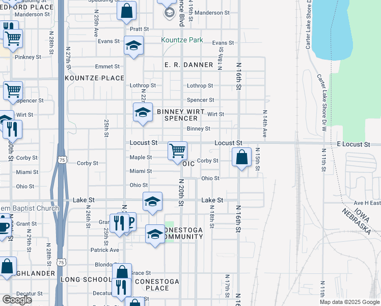map of restaurants, bars, coffee shops, grocery stores, and more near 2812 North 19th Avenue in Omaha