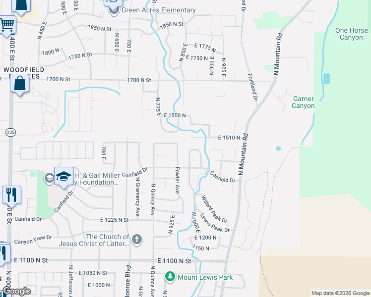 map of restaurants, bars, coffee shops, grocery stores, and more near 1479 Lewis Peak Drive in Ogden
