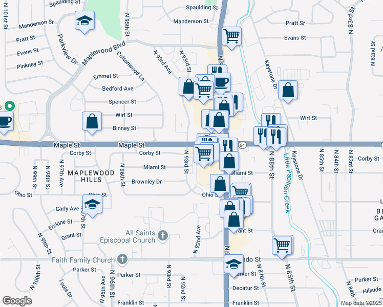 map of restaurants, bars, coffee shops, grocery stores, and more near 2725 North 93rd Street in Omaha