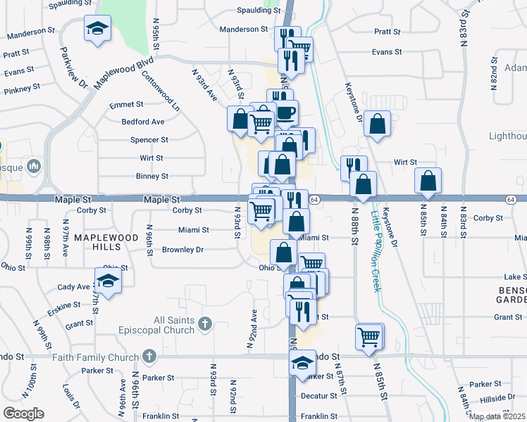 map of restaurants, bars, coffee shops, grocery stores, and more near 2802 North 90th Street in Omaha