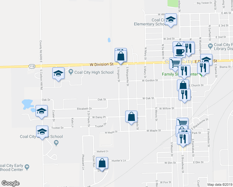 map of restaurants, bars, coffee shops, grocery stores, and more near 230 South Virginia Street in Coal City
