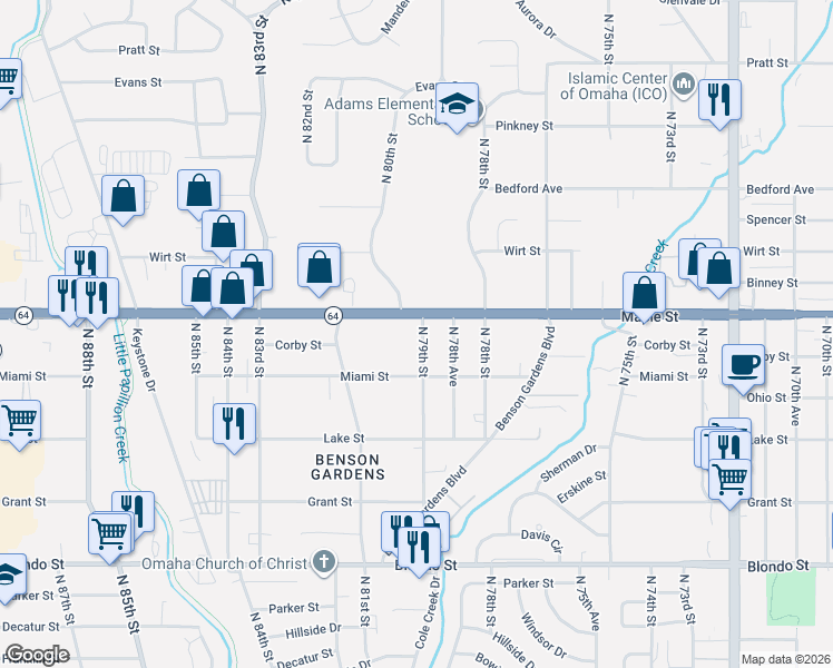 map of restaurants, bars, coffee shops, grocery stores, and more near 2734 North 79th Street in Omaha