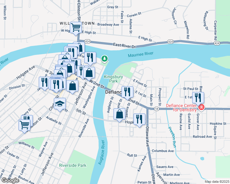map of restaurants, bars, coffee shops, grocery stores, and more near in Defiance