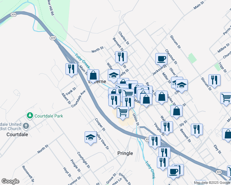map of restaurants, bars, coffee shops, grocery stores, and more near 160 Main St in Luzerne
