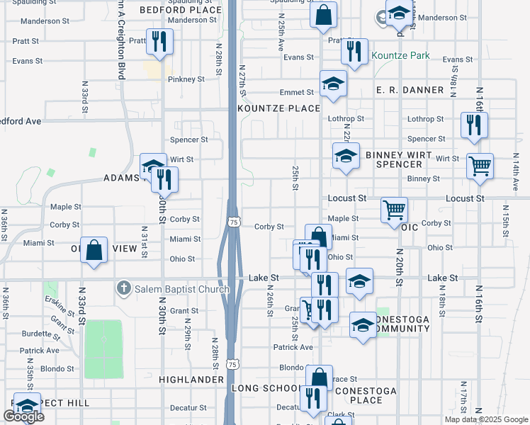 map of restaurants, bars, coffee shops, grocery stores, and more near 2824 North 26th Street in Omaha