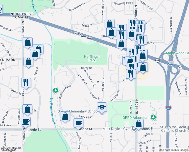 map of restaurants, bars, coffee shops, grocery stores, and more near 11219 Miami Circle in Omaha