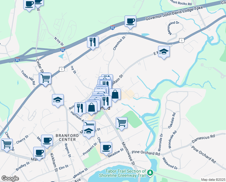 map of restaurants, bars, coffee shops, grocery stores, and more near 10 Svea Avenue in Branford