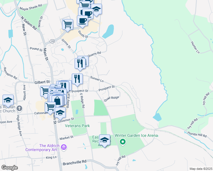 map of restaurants, bars, coffee shops, grocery stores, and more near 6 Sunset Lane in Ridgefield