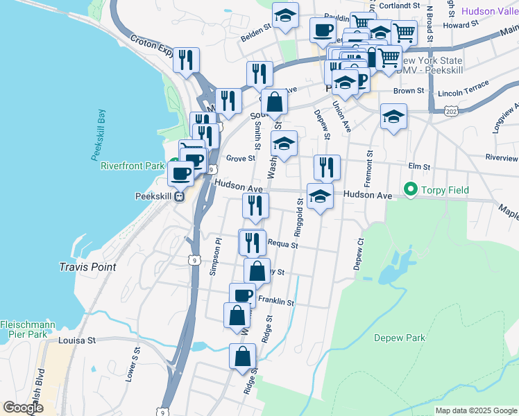 map of restaurants, bars, coffee shops, grocery stores, and more near 326 Washington Street in Peekskill
