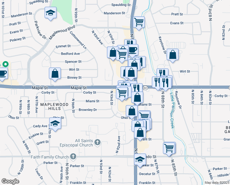 map of restaurants, bars, coffee shops, grocery stores, and more near 2725 North 93rd Street in Omaha