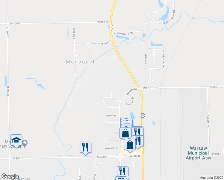 map of restaurants, bars, coffee shops, grocery stores, and more near 94 Sassafras Court in Warsaw