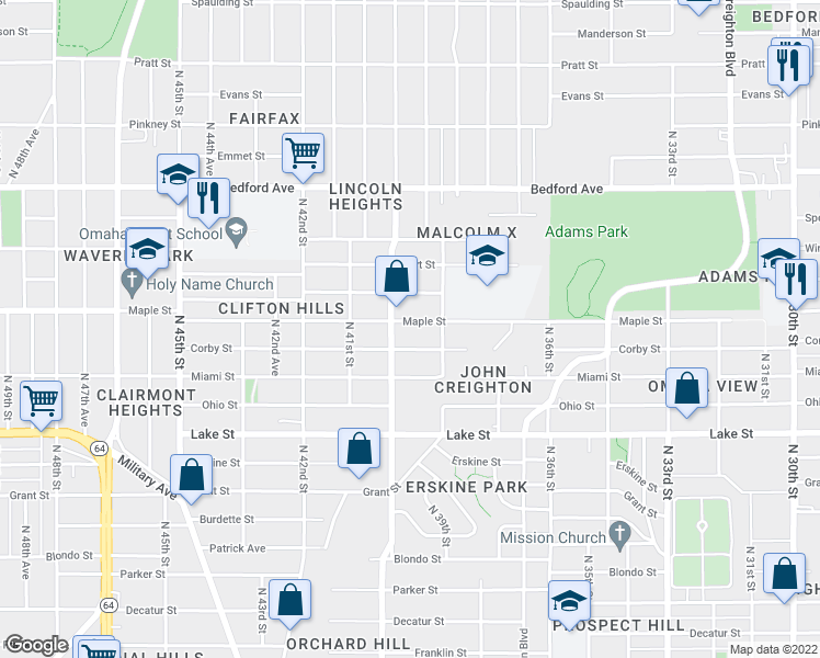map of restaurants, bars, coffee shops, grocery stores, and more near 3827 Maple Street in Omaha
