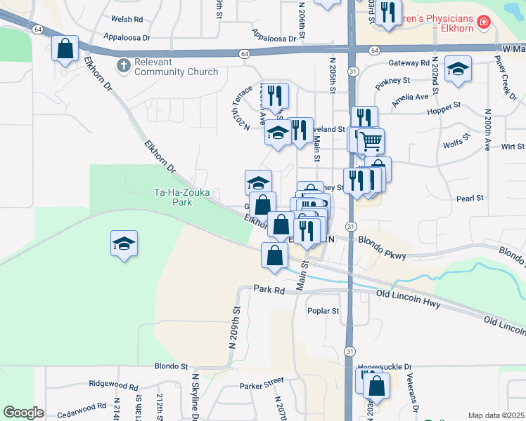 map of restaurants, bars, coffee shops, grocery stores, and more near 20709 Glenn Street in Omaha