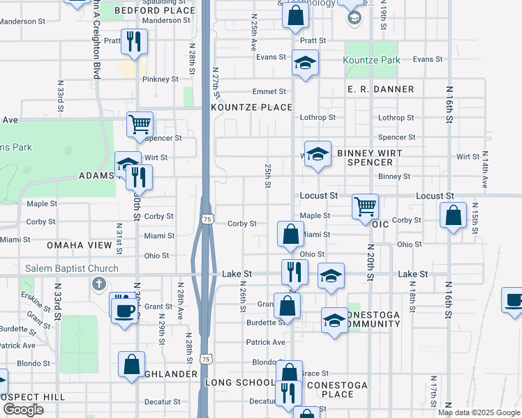 map of restaurants, bars, coffee shops, grocery stores, and more near 2505 Maple Street in Omaha