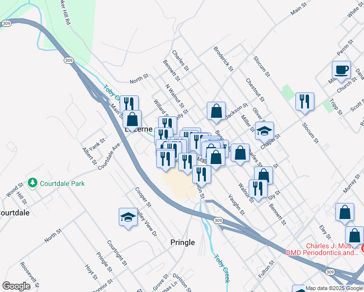 map of restaurants, bars, coffee shops, grocery stores, and more near 177-181 Main Street in Luzerne