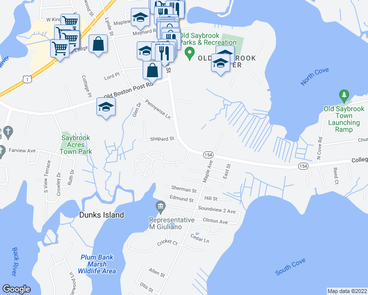 map of restaurants, bars, coffee shops, grocery stores, and more near 355 Main Street in Old Saybrook