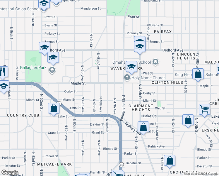 map of restaurants, bars, coffee shops, grocery stores, and more near 2737 North 48th Street in Omaha