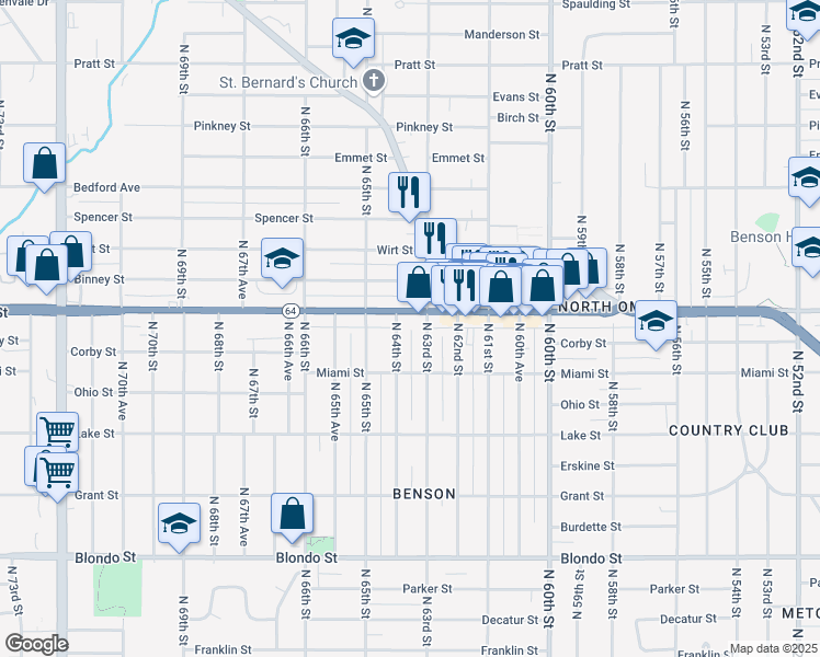 map of restaurants, bars, coffee shops, grocery stores, and more near 6319 Maple Street in Omaha