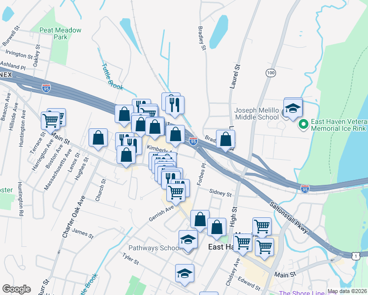 map of restaurants, bars, coffee shops, grocery stores, and more near 14 Frontage Road in East Haven