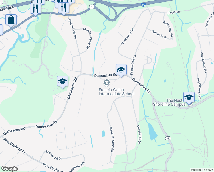 map of restaurants, bars, coffee shops, grocery stores, and more near 185 Damascus Road in Branford