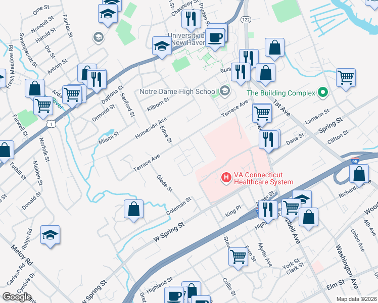 map of restaurants, bars, coffee shops, grocery stores, and more near 15 Crest Street in West Haven