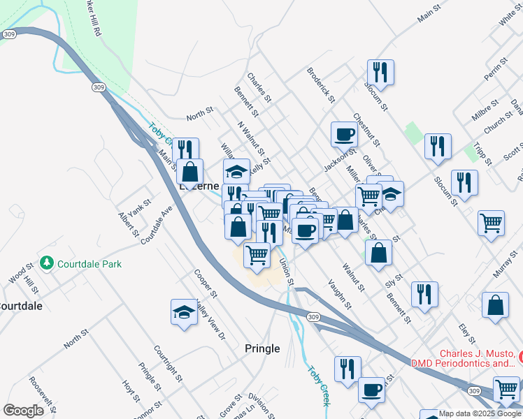 map of restaurants, bars, coffee shops, grocery stores, and more near 177-181 Main Street in Luzerne