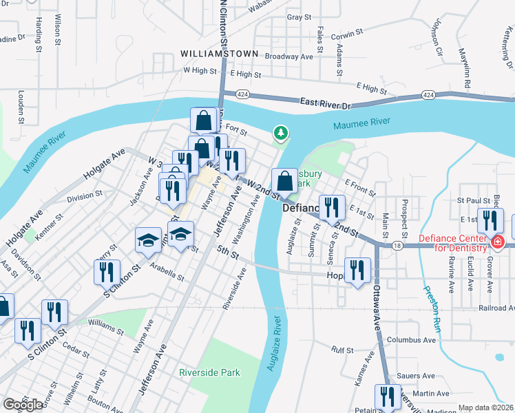 map of restaurants, bars, coffee shops, grocery stores, and more near 313 Washington Avenue in Defiance