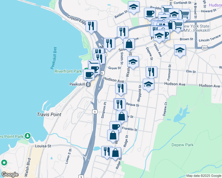 map of restaurants, bars, coffee shops, grocery stores, and more near 309 Simpson Place in Peekskill