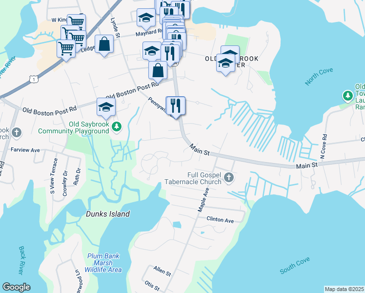 map of restaurants, bars, coffee shops, grocery stores, and more near 355 Main Street in Old Saybrook