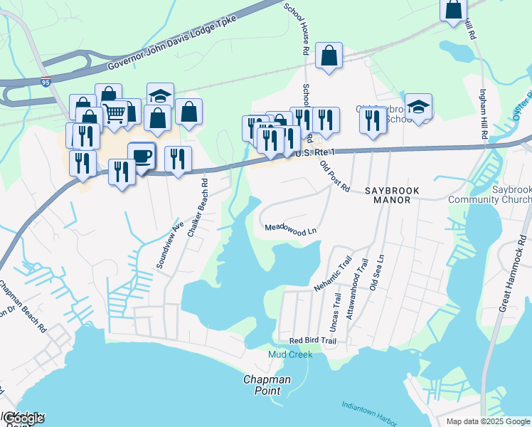 map of restaurants, bars, coffee shops, grocery stores, and more near 19 Meadowood Lane in Old Saybrook