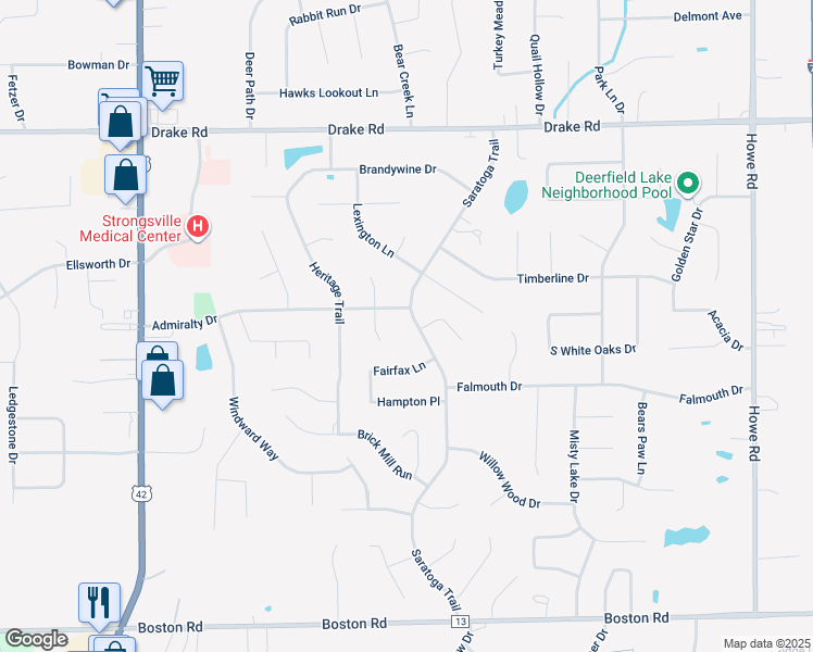 map of restaurants, bars, coffee shops, grocery stores, and more near 18424 Saratoga Trail in Strongsville