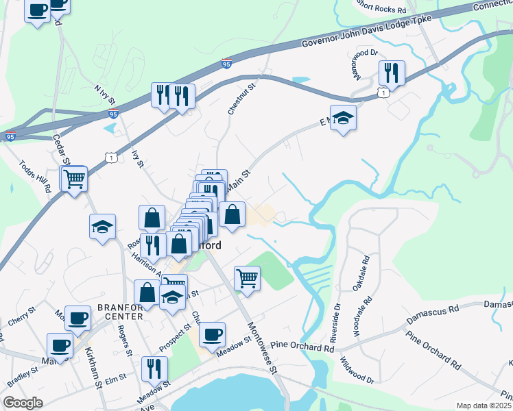 map of restaurants, bars, coffee shops, grocery stores, and more near 34 Hamre Lane in Branford