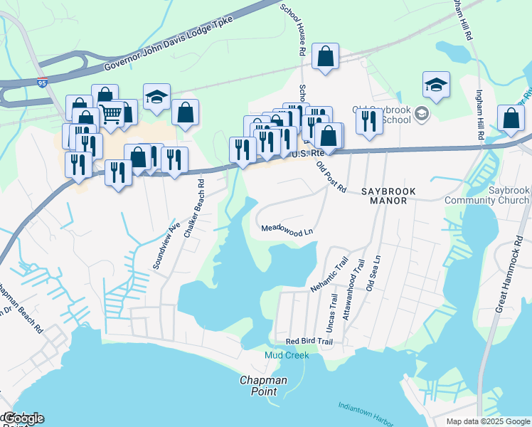 map of restaurants, bars, coffee shops, grocery stores, and more near 19 Meadowood Lane in Old Saybrook