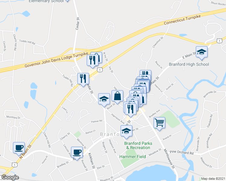 map of restaurants, bars, coffee shops, grocery stores, and more near 70 Hillside Avenue in Branford