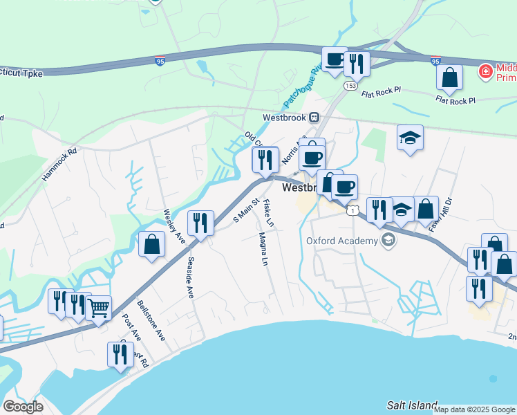 map of restaurants, bars, coffee shops, grocery stores, and more near 56 South Main Street in Westbrook