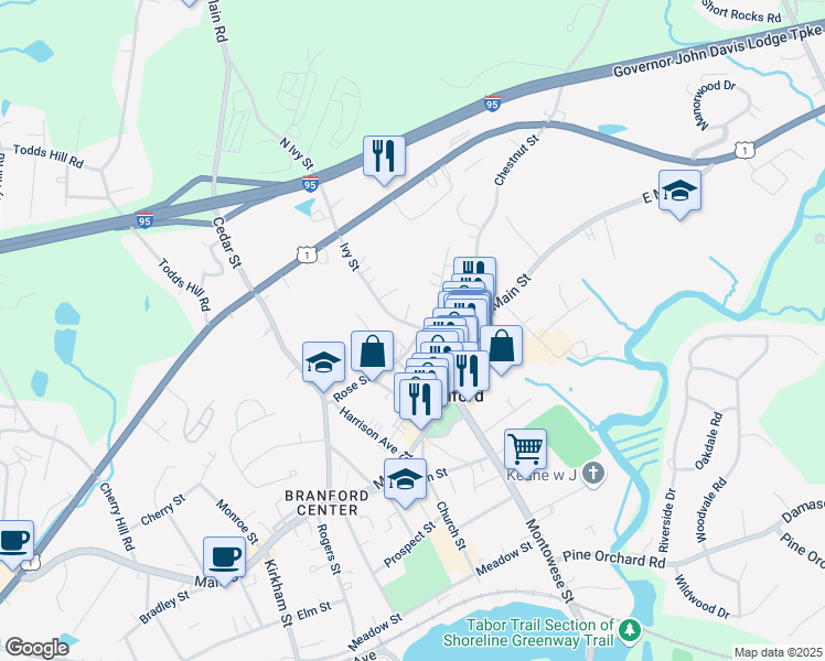 map of restaurants, bars, coffee shops, grocery stores, and more near 1212 East Main Street in Branford