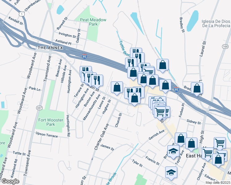 map of restaurants, bars, coffee shops, grocery stores, and more near 597 Main Street in East Haven