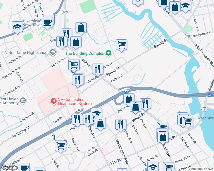 map of restaurants, bars, coffee shops, grocery stores, and more near 782 1st Avenue in West Haven