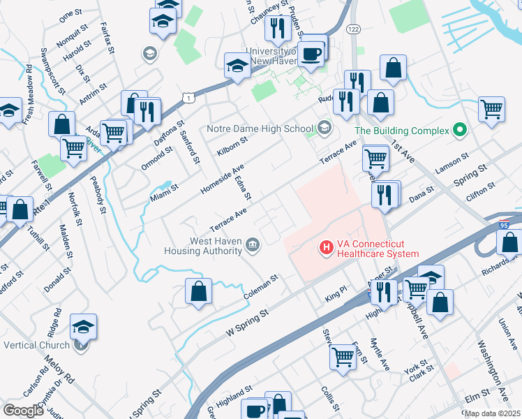 map of restaurants, bars, coffee shops, grocery stores, and more near 15 Crest Street in West Haven