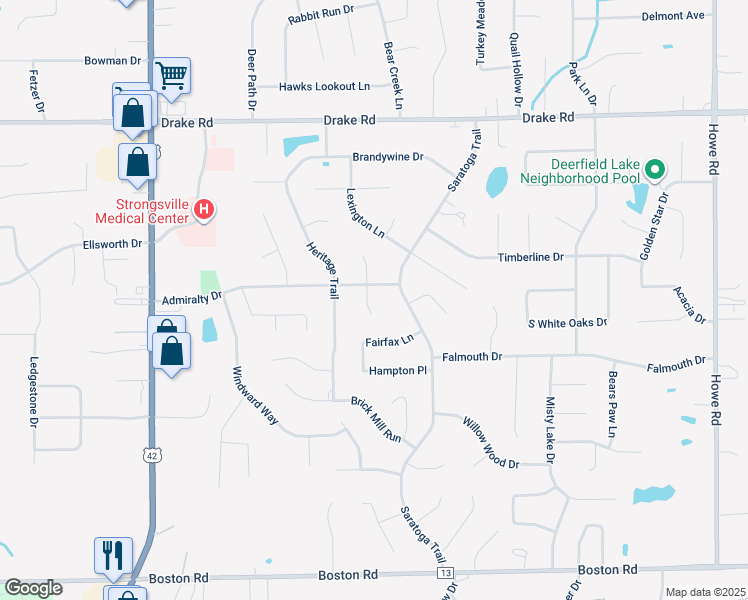 map of restaurants, bars, coffee shops, grocery stores, and more near 18424 Saratoga Trail in Strongsville