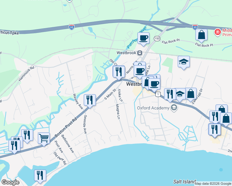 map of restaurants, bars, coffee shops, grocery stores, and more near 56 South Main Street in Westbrook