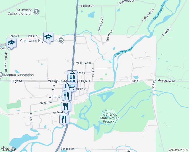 map of restaurants, bars, coffee shops, grocery stores, and more near 10765 Park Street in Mantua