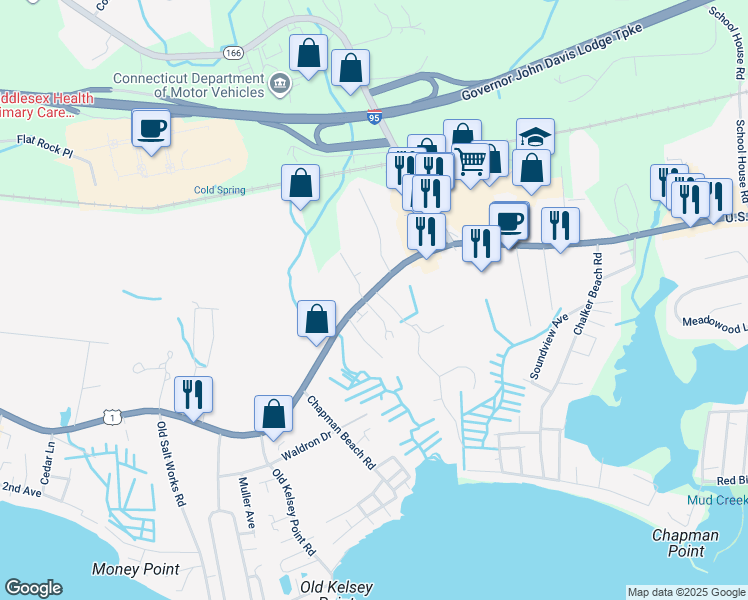 map of restaurants, bars, coffee shops, grocery stores, and more near 78 Sandy Point Road in Old Saybrook