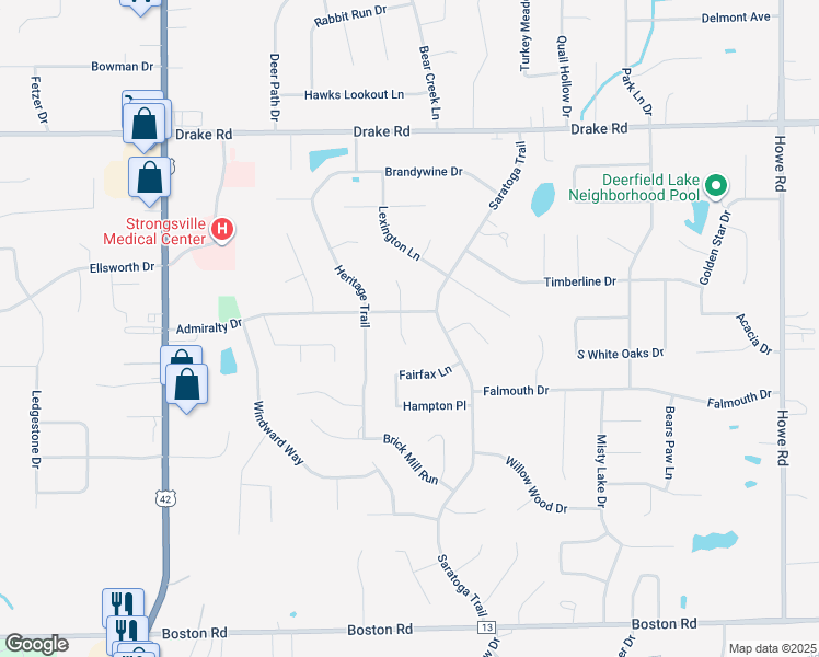 map of restaurants, bars, coffee shops, grocery stores, and more near 18424 Saratoga Trail in Strongsville