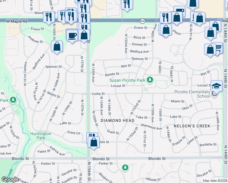 map of restaurants, bars, coffee shops, grocery stores, and more near 15354 Corby St in Omaha
