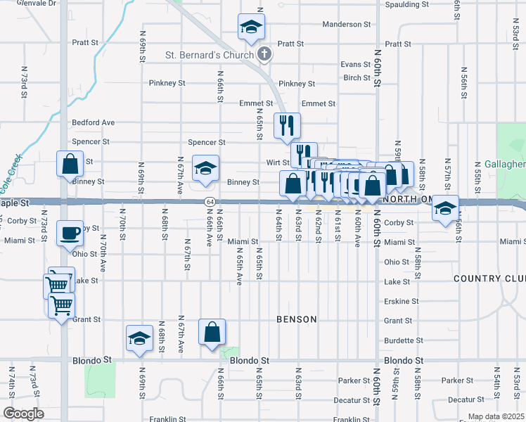 map of restaurants, bars, coffee shops, grocery stores, and more near 2739 North 65th Street in Omaha