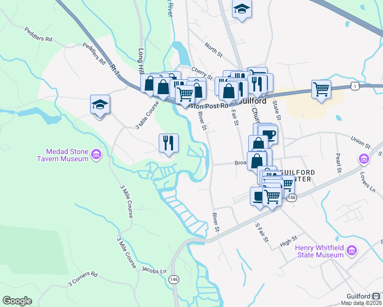 map of restaurants, bars, coffee shops, grocery stores, and more near 186 River Street in Guilford